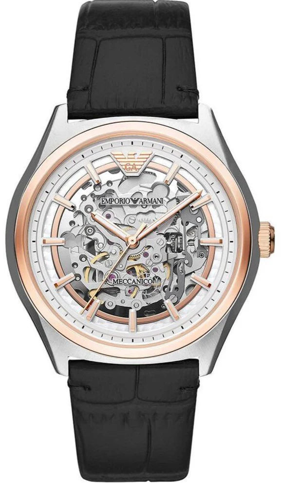 Men's Emporio Armani Zeta Skeleton Automatic Black Leather Strap Watch - AR60018